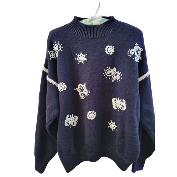 Le Moda Womens Navy Blue Handloomed pearl Embellished Sweater size XL Vintage - Picture 1 of 4